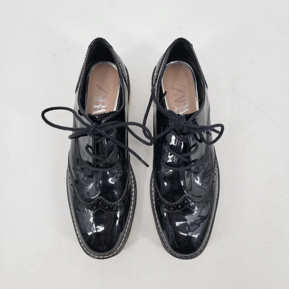 Zara Black Patent Leather Platform Oxford Derby Creepers Size 40 Dark Academia